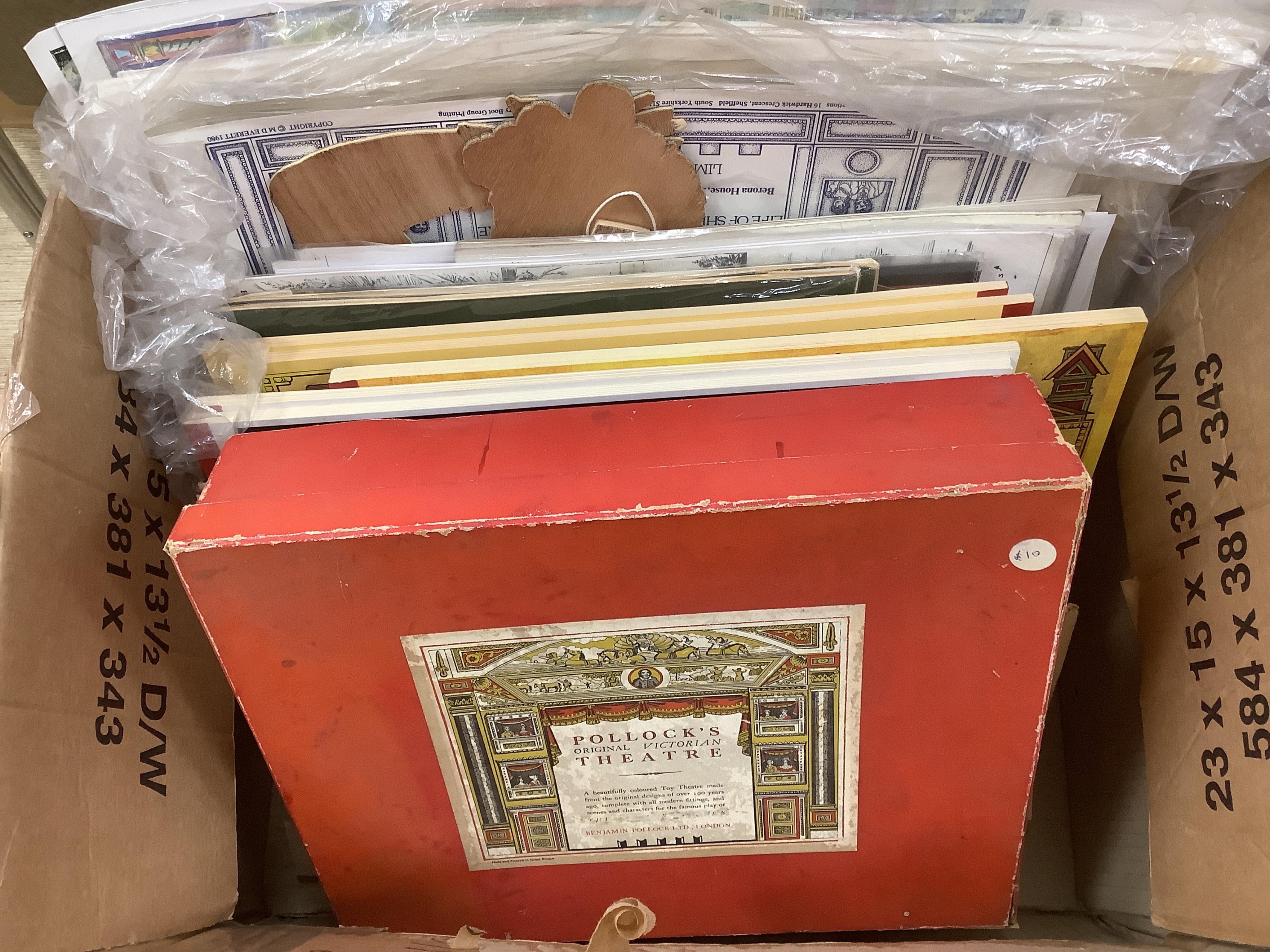 Juvenile drama, a boxed Pollocks theatre, various hand coloured toy theatre scenes, self-assembly toy theatre books etc, one box